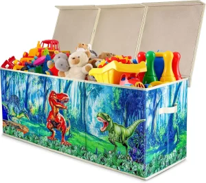 Kids Toy Box - Large Dinosaur Storage Chest, Collapsible Fabric Bin with Lid & Removable Inserts, 38"x13"x15"