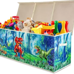 Kids Toy Box - Large Dinosaur Storage Chest, Collapsible Fabric Bin with Lid & Removable Inserts, 38"x13"x15"