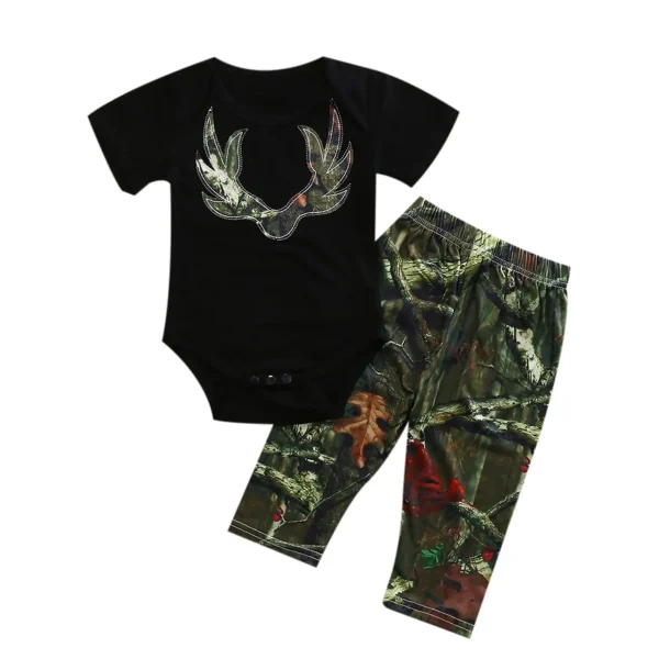 Newborn Baby Boy Deer Head Romper & Camo Pants Outfit, 2PCS Set