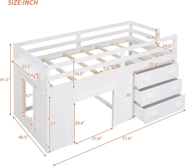 White Wooden Twin Loft Bed with Shelf, Storage, Guardrail & Ladder