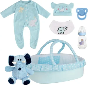 7-Piece Reborn Baby Doll Clothes Set with Bassinet & Accessories for 16-20 Inch Dolls, Includes Elephant Toy, Blue