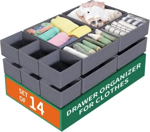 14-Pack Foldable Drawer Organizer – Grey Nursery and Dresser Storage Bins