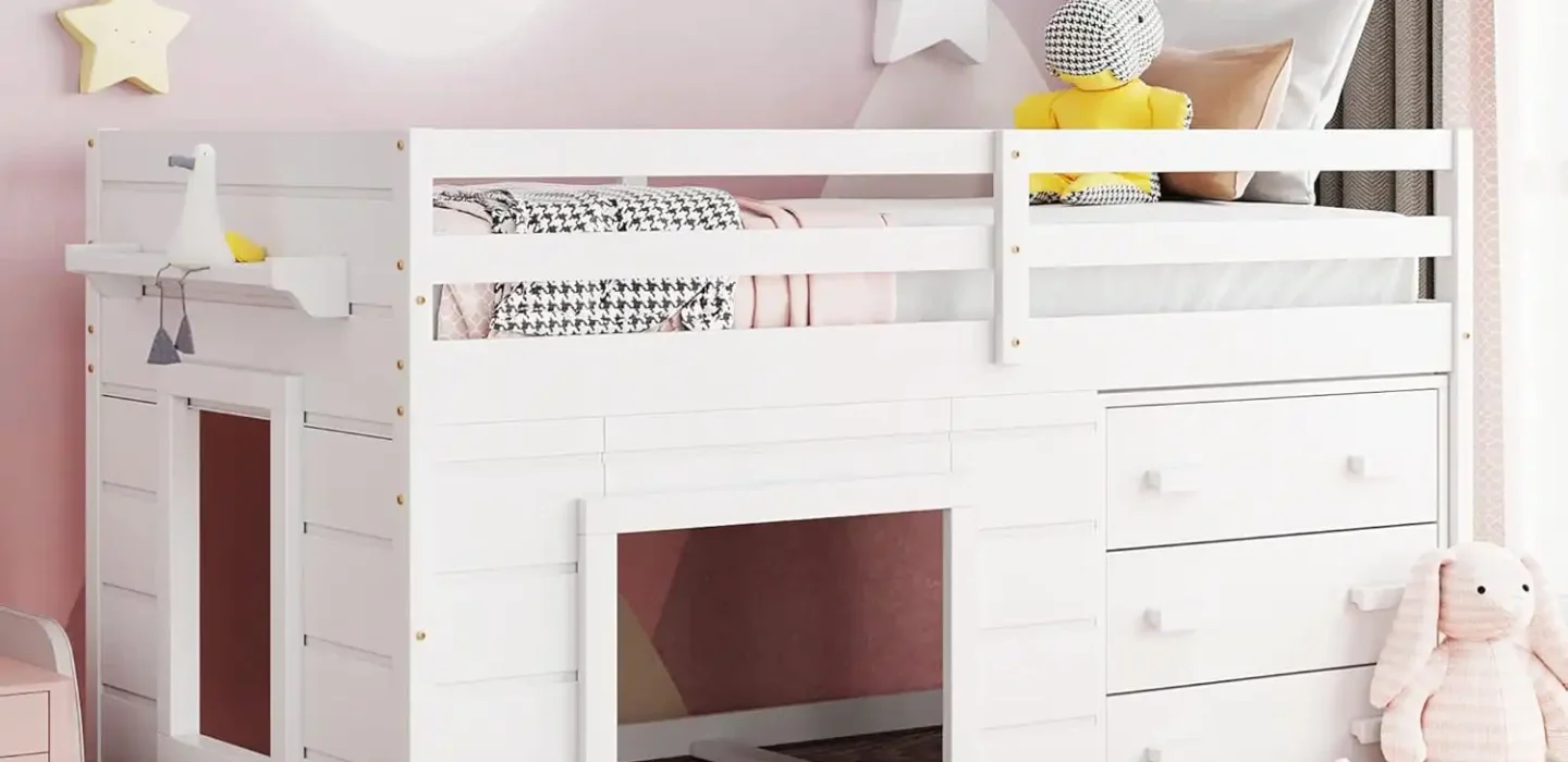 White Wooden Twin Loft Bed with Shelf, Storage, Guardrail & Ladder